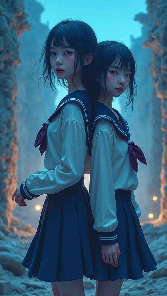 two girls dressed in sailor costumes standing next to each other, extremely detailed artgerm, ilya kuvshinov and artgerm, artgerm jsc, artgerm and lois van baarle, by Sailor Moon, wlop and sakimichan, artgerm. high detail, in style of artgerm, artgerm style, high quality, (RAW photo, best quality), (realistic, photorealistic: 1.4), (extremely delicate and beautiful: 1.4), amazing, fine details, masterpiece, ultra detailed, high resolution, best illustration, best shadow, intricate, ( extremely intricate: 1.2), (exquisitely detailed skin), cinematic light, perfect anatomy, (cool color: 1.4), sharp focus, 8k UHD, DSLR, (Fujifilm XT3),(Sailor Jupiter:1.4), (Sailor Mercury:1.4), ,(Fondo de ruinas de mazmorra en ruinas piedras grandes :1.4 ), (Sailor moon Jupiter:V2.1), (Sailor moon Mercury:V2.1), (estilo cinematográfico :1.4), (efectos cinematográfico :1.4), (colores cinematográfico), Epic Fantasy Art Style HD, 4K fantasy art, epic fantasy digital art style, epic fantasy art style, Fantasy Woman, epic fantasy art portrait, Epic fantasy style, hyperrealistic fantasy art, hd fantasy art, Epic fantasy character art, epic fantasy art, in style of dark fantasy art, epic fantasy digital art