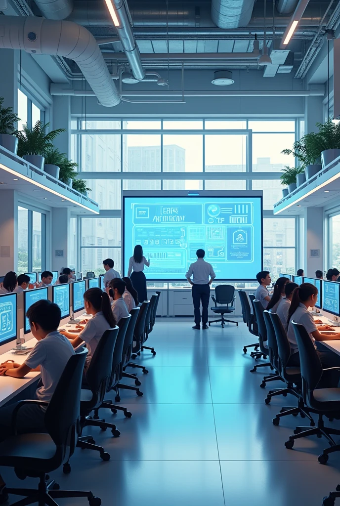 "A large, futuristic, and modern educational facility serves as a tutoring center called 'IN TOUCH LEARNING ACADEMY.' The interior is spacious and filled with advanced technology, featuring many students seated in front of sleek, high-tech computers as they study. The design is bright, clean, and contemporary, with large windows letting in natural light. Robots are assisting the students, guiding them, and offering help with their studies. The name 'IN TOUCH LEARNING ACADEMY' is prominently displayed on a smart board within the center. The atmosphere is dynamic, with a strong emphasis on technology and learning."
