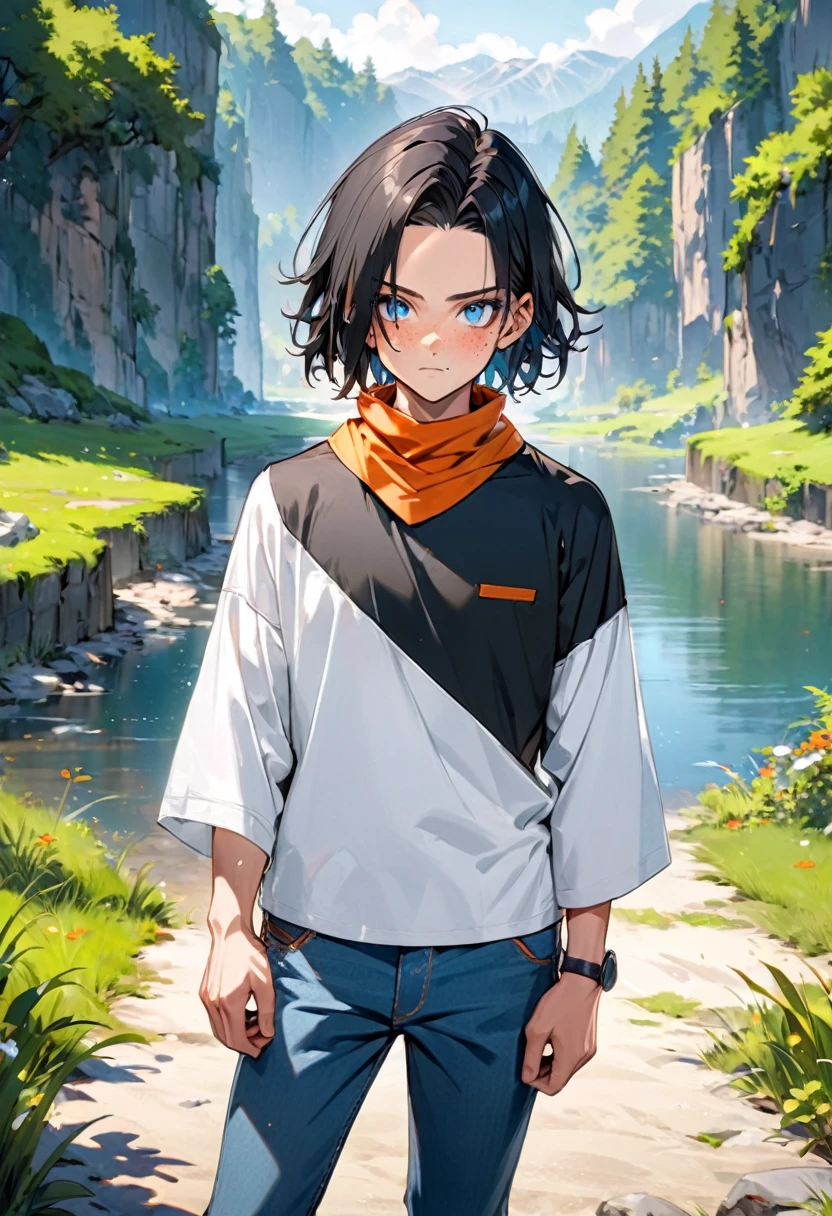 A masterpiece, best quality, detailed and expressive eyes, perfect facial features, high resolution, 1 boy, alone, android 17-inspired boy, (male body:1.3), blue eyes, black hair, parted hair, short hair, black shirt, jeans, layered shirt, white sleeves, orange bandana, blue sneakers, green socks, brown belt, red freckles, outdoor, landscape, standing, portrait, looking at viewer