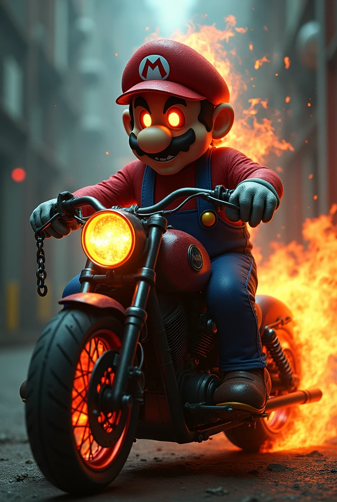 Dark风格马里奥,Ghost Rider Mario,Mario on a motorcycle,flame,Dark,Gloomy expression,ghost,chain