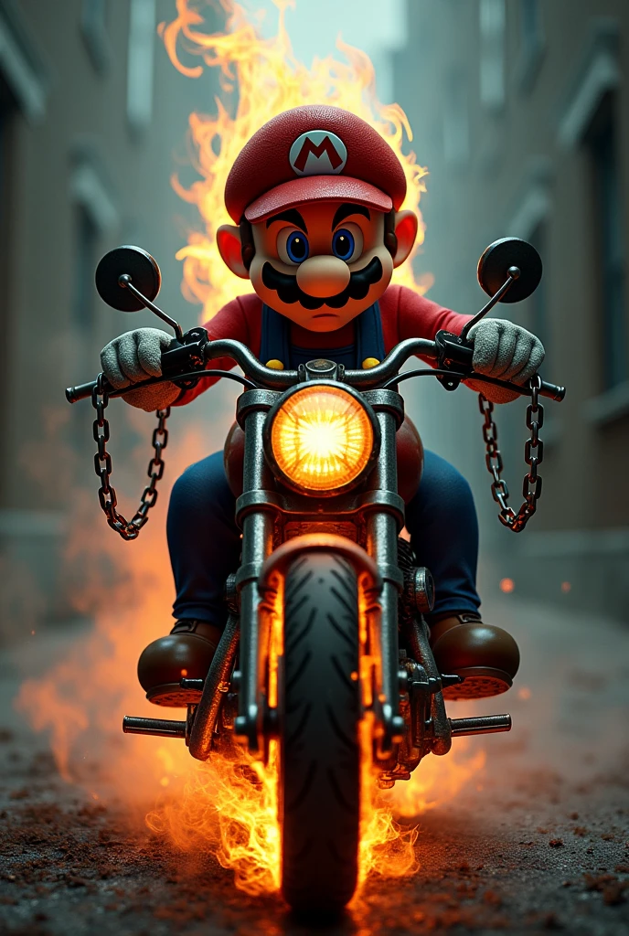 Dark风格马里奥，Ghost Rider Mario，Mario on a motorcycle，flame，Dark，Gloomy expression，ghost，chain