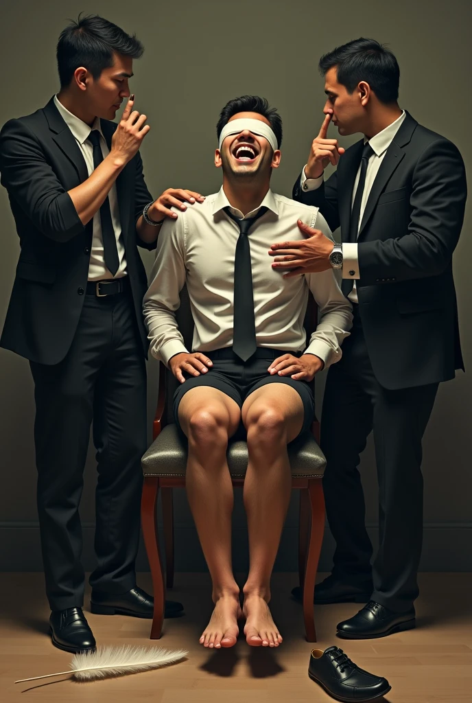 Handsome malay Zarul 20years flight attendent
1 man Rub his feet
He laugh very hard
Focus 5toefeet
Shoeless
Hand Handcuff wooden chair
blindfolded
feather on floor
Pair of Blacksock shoes on floor
2 mafia pinch their nose
Smelly feet