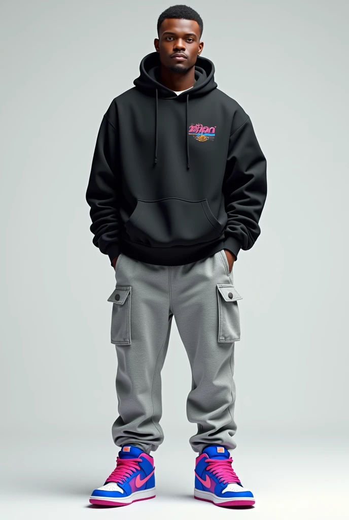 I want to create a brown man with height 5 ft 8 inches with Footwear Nike SB Dunk Born(Blue) and Raised in pink Laces, Grey Sweat pants and Black Hoodie
