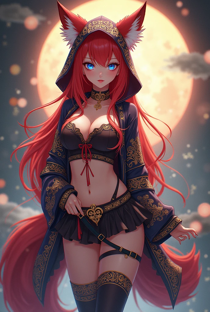 Kyoto Animation stylized anime mixed with traditional Chinese, Korean, Japanese artworks ~ Digital cel animation anime ~ A fox woman with red hair, and blue eyes, with detailed ornate hooded kimono, miniskirt, thigh highs, fantasypunk fantasy world. Cinematic Lighting, ethereal light, intricate details, extremely detailed, incredible details, full colored, complex details, insanely detailed and intricate, hypermaximalist, extremely detailed with rich colors. masterpiece, best quality,