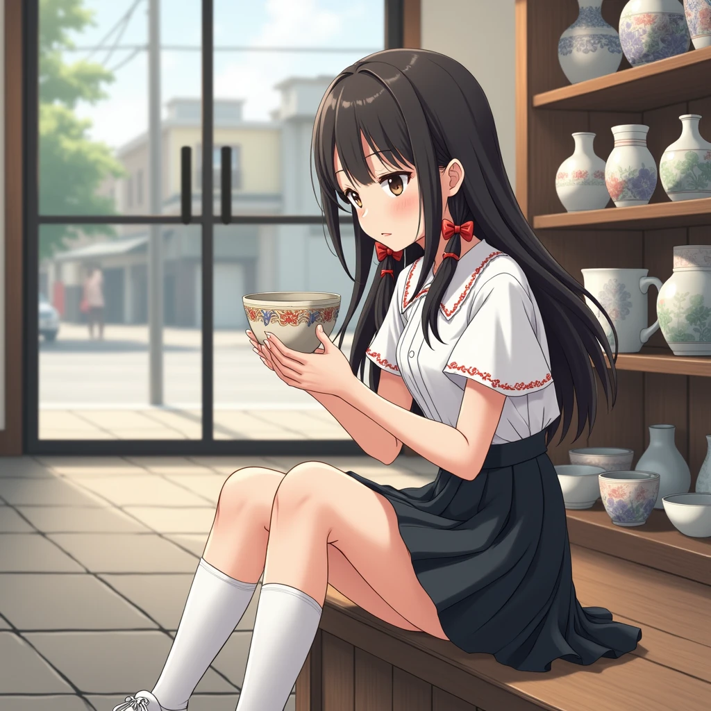 Anime Style, Realistic and beautiful backgrounds,
手を太ももに置いてdishを眺める一人の少女,
She is wearing a cute white decorated blouse with short sleeves and no buttons., mid black flare skirt, no school uniform, no pleated skirt,
Wearing white knee-high socks, Wearing sneakers. bag,
Her hair style is low twin tails, with red ribbons, very long length and black, low pigtails.
Not high twin tails.
On the go, Japanの陶器, dish, Bowl, Cup, shop, indoor, Japan, Glass door, street,
Daytime, from side, Focus on the face, Mid Shot.