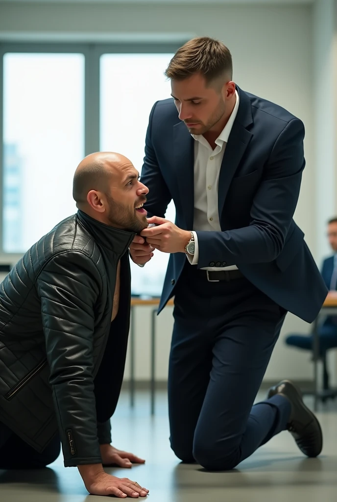 Create a hyper-realistic, high-resolution RAW image featuring TWO EXTREMELY HANDSOME MEN TOGETHER in a brightly lit office setting. The focus is on the intense interaction between the two men, with every detail rendered to achieve an absurdly realistic result.

Man A, Age 48: A strikingly handsome man with light-colored eyes and short hair showing early signs of balding. He is dressed in dark pants, formal shoes, and an open, extremely shiny black leather puffer jacket that exposes his hairy chest and slightly prominent belly. Man A is positioned on all fours on the office floor, wearing a visible expression of deep humiliation and forced submission. A collar, resembling that of an animal, is around his neck, and he is being pulled by it.

Man B, Age 31: The dominant figure in the scene, Man B is the boss, with short hair, light skin, and a naturally attractive, non-muscular build. He is dressed in sharp, well-fitted business attire, including a dress shirt and formal trousers. He stands tall next to Man A, gripping the animal collar with a smug, authoritative expression as he pulls it, forcing Man A’s head upward toward the camera. His body language and facial expression convey clear dominance and a sense of power over the humiliated employee.

The office is brightly lit, with clean, modern decor, enhancing the stark contrast between the submissive posture of Man A and the authoritative stance of Man B. The image should capture the fine details of their clothing, facial expressions, and the dynamic interaction, emphasizing the realism of the scenario and the power imbalance between the two men. Every aspect should be meticulously detailed to create an image of striking realism.