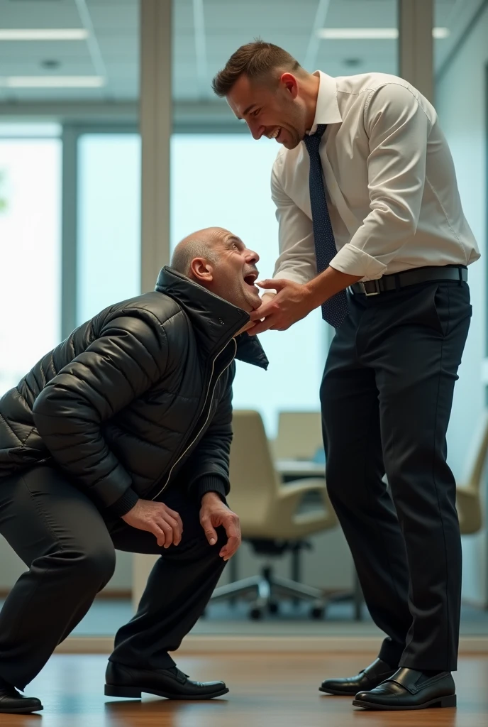 Create a hyper-realistic, high-resolution RAW image featuring TWO EXTREMELY HANDSOME MEN TOGETHER in a brightly lit office setting. The focus is on the intense interaction between the two men, with every detail rendered to achieve an absurdly realistic result.

Man A, Age 48: A strikingly handsome man with light-colored eyes and short hair showing early signs of balding. He is dressed in dark pants, formal shoes, and an open, extremely shiny black leather puffer jacket that exposes his hairy chest and slightly prominent belly. Man A is positioned on all fours on the office floor, wearing a visible expression of deep humiliation and forced submission. A collar, resembling that of an animal, is around his neck, and he is being pulled by it.

Man B, Age 31: The dominant figure in the scene, Man B is the boss, with short hair, light skin, and a naturally attractive, non-muscular build. He is dressed in sharp, well-fitted business attire, including a dress shirt and formal trousers. He stands tall next to Man A, gripping the animal collar with a smug, authoritative expression as he pulls it, forcing Man A’s head upward toward the camera. His body language and facial expression convey clear dominance and a sense of power over the humiliated employee.

The office is brightly lit, with clean, modern decor, enhancing the stark contrast between the submissive posture of Man A and the authoritative stance of Man B. The image should capture the fine details of their clothing, facial expressions, and the dynamic interaction, emphasizing the realism of the scenario and the power imbalance between the two men. Every aspect should be meticulously detailed to create an image of striking realism.