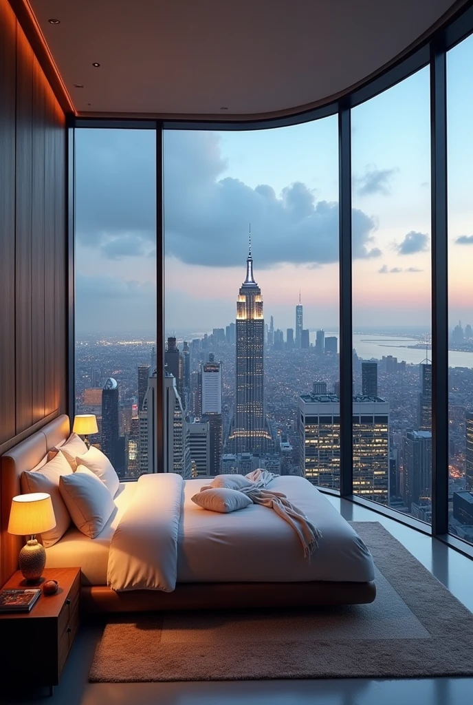 A comfortable bed in in a tall skyscrapper with a very beautiful view
And the walls made of glass to see outside