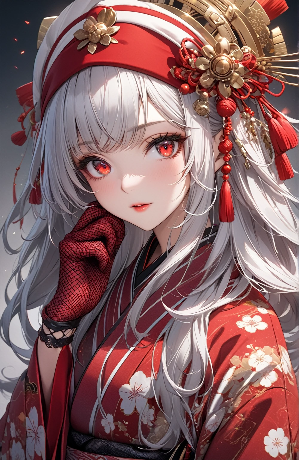 Ultra high resolution, rich colors, perfect image, top quality, detailed image, beautiful woman, glowing skin, skin and clothing texture, delicate eyes, kimono, Japanese clothing, headdress, toque, fishnet gloves, kiseru, long silver hair, red eyes