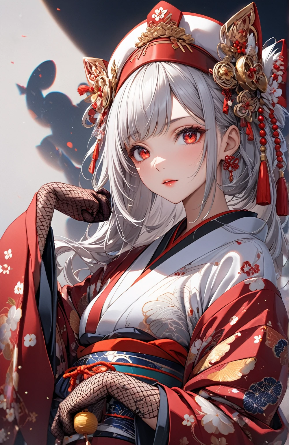 Ultra high resolution, rich colors, perfect image, top quality, detailed image, beautiful woman, glowing skin, skin and clothing texture, delicate eyes, kimono, Japanese clothing, headdress, toque, fishnet gloves, kiseru, long silver hair, red eyes
