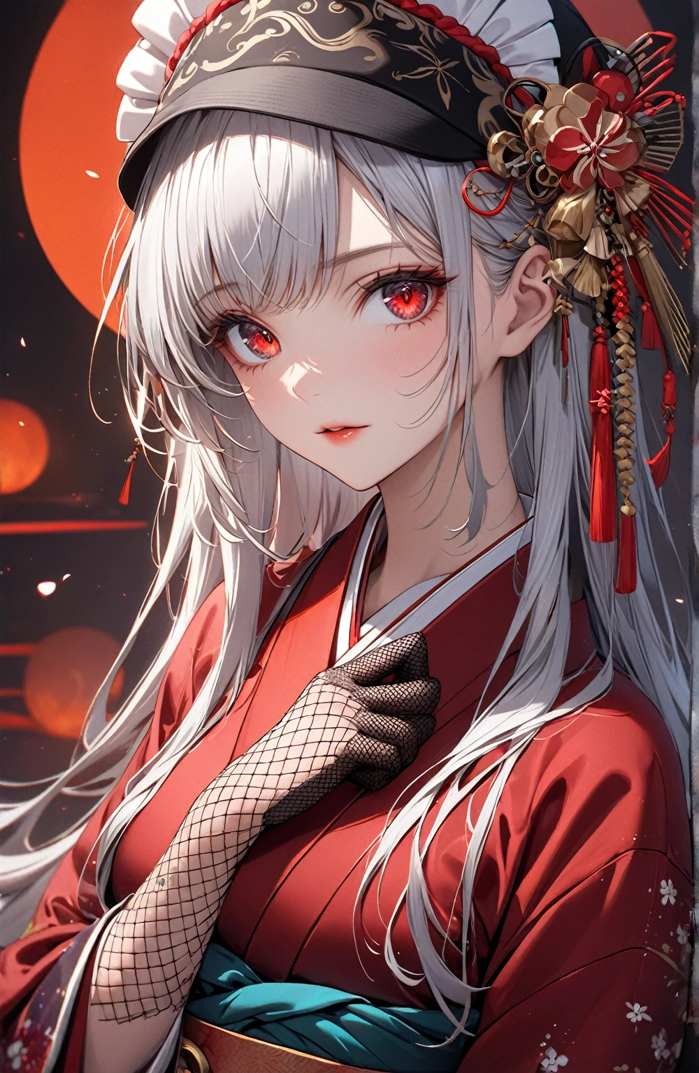 Ultra high resolution, rich colors, perfect image, top quality, detailed image, beautiful woman, glowing skin, skin and clothing texture, delicate eyes, kimono, Japanese clothing, headdress, toque, fishnet gloves, kiseru, long silver hair, red eyes