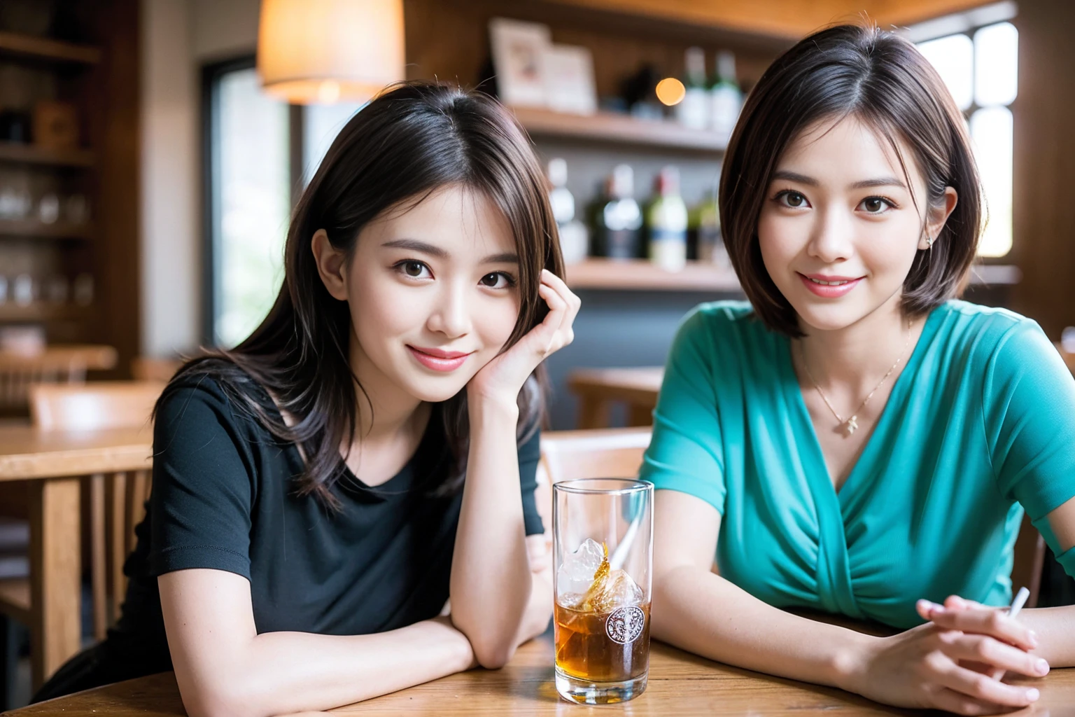 ((Highest quality、8k、masterpiece:1.3))、Whiskey bottles、The Macallan、Joni Black、Old Parr、whiskey、Suntory、Nikka、Slim Couple、modelカップル、(Realistic, Intricate details:1.2), full-course dinner、Whiskey bottle and glass on the table、Single Malt、scotch、Rocks glass、Shot Glass、Malt whiskey、、Scotland、Amazing view of the sunset sky and clouds、A bright smile、The wonderfulness of smile、 Beautiful Face, blue eyes, The light shines on your face, blush, short hair,Bright Face、 (Age 37), 3,Two beauties、Brown Hair、Shortcuts、Short sleeve shirt、dress、Beautiful woman 1, (Slim face), (The body is スリム), (Brown Hair), (Shortcuts), cheeks turn a little red,Attractive beauty、restaurant, In a prominent place (From the waist up) Nova Frog Style, actress, model,  (smile: 1.15), Beautiful fine grain, Depth f/2,saturation, High Contrast, Strong light and shadow,Moist Body:1.5、3D texture、Delicate eyes、Brown Hair、The hair is very shiny、