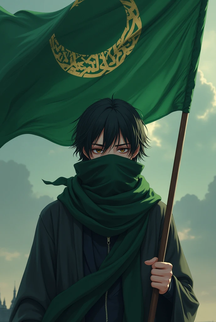 Hot anime boy. And he also muslim The boy's face should be covered with a handkerchief and his hair should be long enough to touch his face (and he should have an big Islamic green flag in his hands)