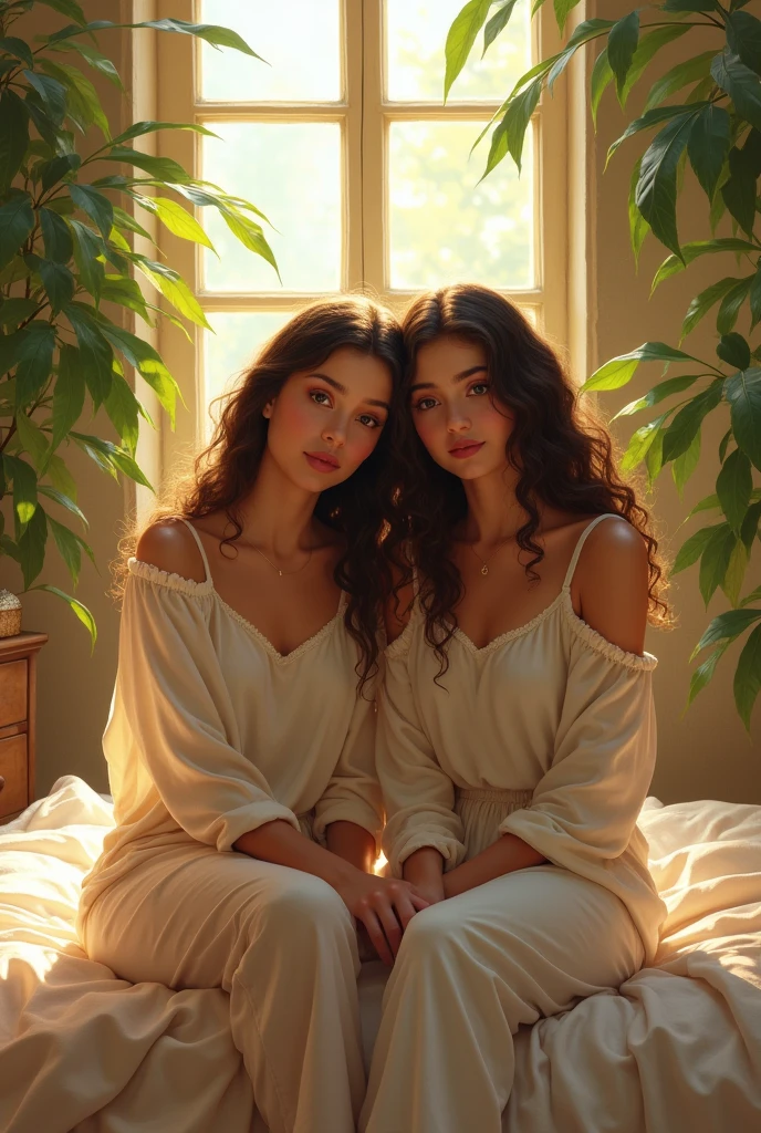 (photorealism:1.2), beautiful minors, sitting on bed, wearing loose off-shoulder top, pajama pants, long curly hair, indoors, soft lighting, plants in background, window with sunlight, cozy room, relaxed pose, realistic, intricate details, warm colors, by Greg Rutkowski, by Alphonse Mucha