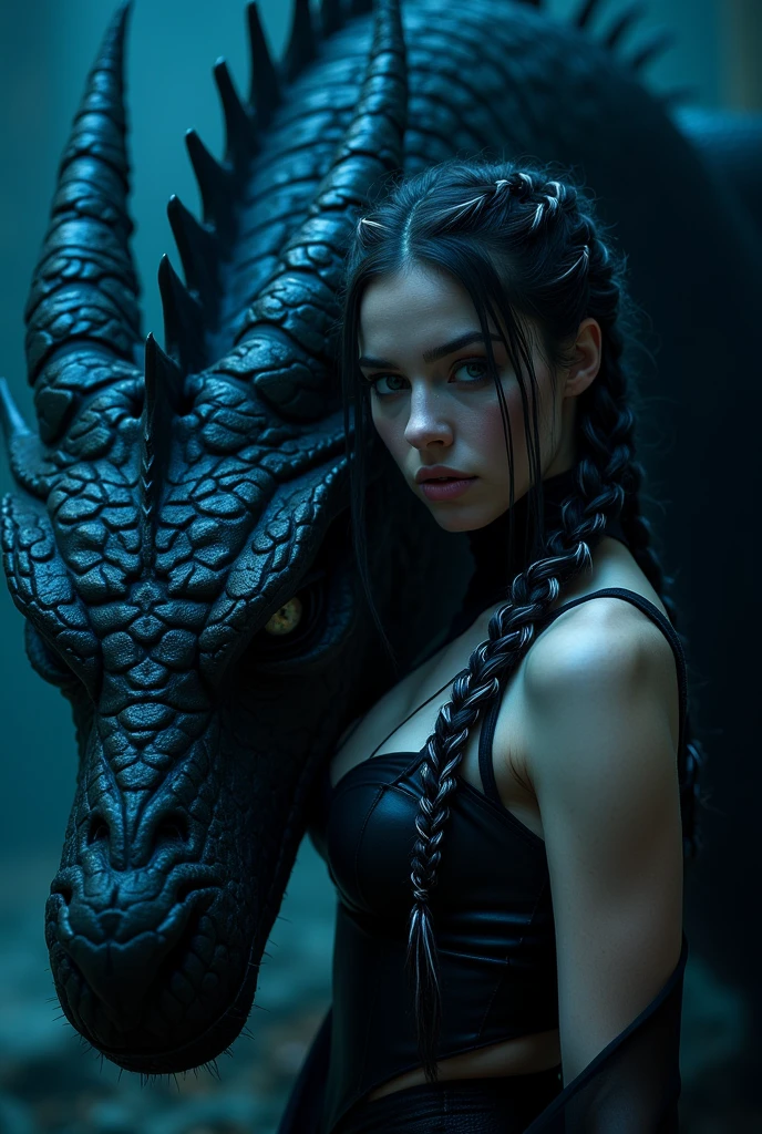 close-up imagery, Dark background, Phosphorescent Black Light, A huge black dragon and an extremely beautiful woman, (Big, perfect breasts), #13: Braided Black Hair with White Streaks, Wearing black pants, Black Leather Turtleneck, Gray eyes,
