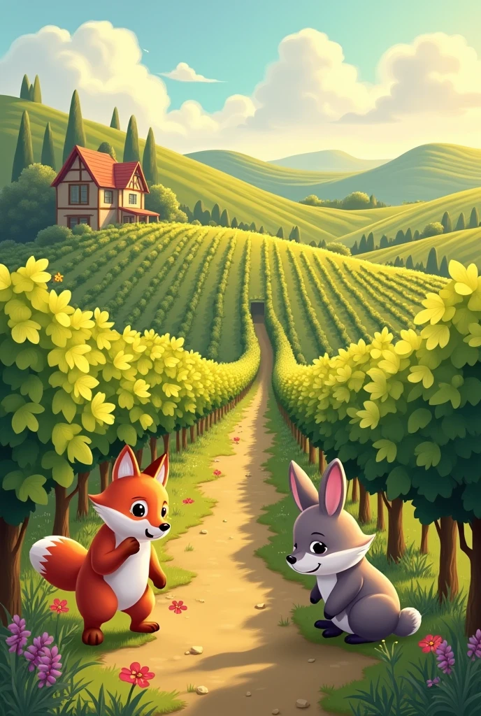 Draw me a wine landscape with cute animals