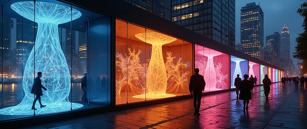 detailed intricate glass display cases, streets of São Paulo, Brazil, 2024, contemporary urban architecture, neon lighting, reflections, pedestrians, city life, photorealistic, 8k, highly detailed, cinematic lighting, warm color tones, dramatic shadows, volumetric fog, award-winning photography