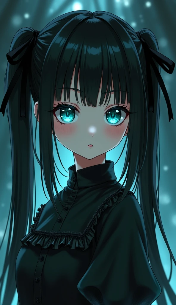 Anime Girl、dark、Gothic Lolita、Black Hair、Smooth Long Hair、Twin tails、Turquoise Eyes、Black ribbon in hair、Apathy