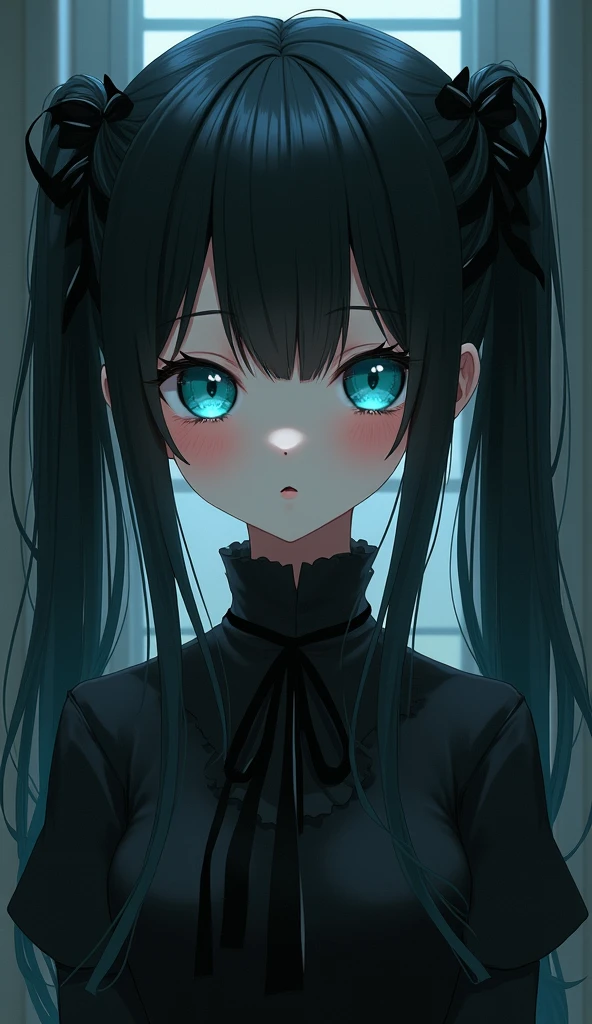 Anime Girl、dark、Gothic Lolita、Black Hair、Smooth Long Hair、Twin tails、Turquoise Eyes、Black ribbon in hair、Apathy