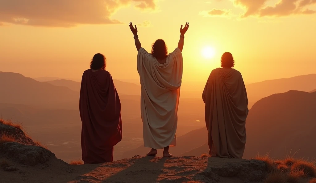 (photorealism:2.1), behind view, panoramic, from behind, third person from behind, "And Moses, Aaron and Hur went up to the top of the hill. While Moses kept his hands raised, the Israelites won; but, when he lowered his hands, the Amalekites won. When Moses' hands were already heavy, They put a stone under him and he sat on it.. And Aaron and Hur stood on either side to hold his hands.. So his hands were raised until the sun set.", behind view.