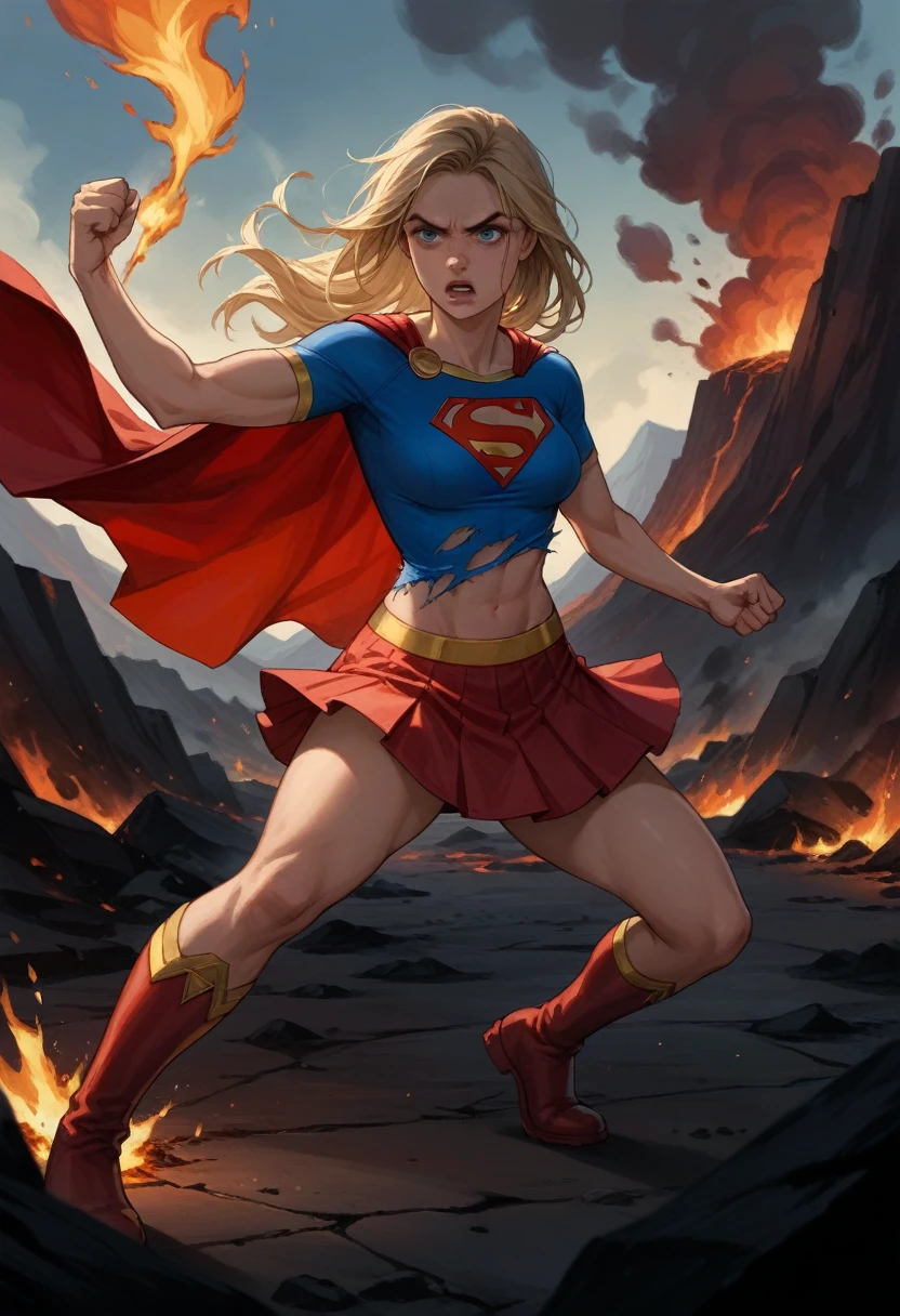 Supergirl, fighting pose, in a volcano, burned clothes, You can see her blue bra, burnt red skirt, Red boots, the red house. white t-shirt, by the wide, burnt red cape,