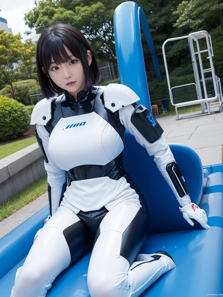 Japanese female android,Black Hair,White and blue robot suit,Plump,Sliding down a slide in the park,