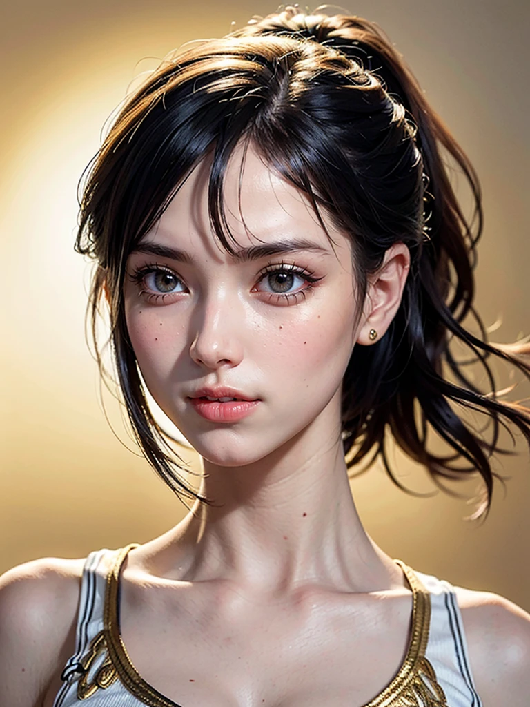 One Girl,(とてもcute少女:1.3),masterpiece,Highest quality,High resolution,Photorealistic,RAW Photos,Ray Tracing,Physically Based Rendering,beautiful girl,(:1.3),cute,Big eyes,(detailed pupils:1.2),(The face is facing sideways:1.3),Body facing sideways,Beautiful nose,High nose,Upturned nose,Fuller lips,Short black hair,ponytail,short hair,Detailed eyelashes,Thin eyebrows,Very fine grain definition,(Golden Ratio:1.3),(Face close-up,Face Focus:1.0),Small breasts,Slim figure,Short neck,shoulder,Tank top,white,Simple Background,Portrait,View Viewer,Upper Body,Cinema Lighting,High resolution,Very detailed