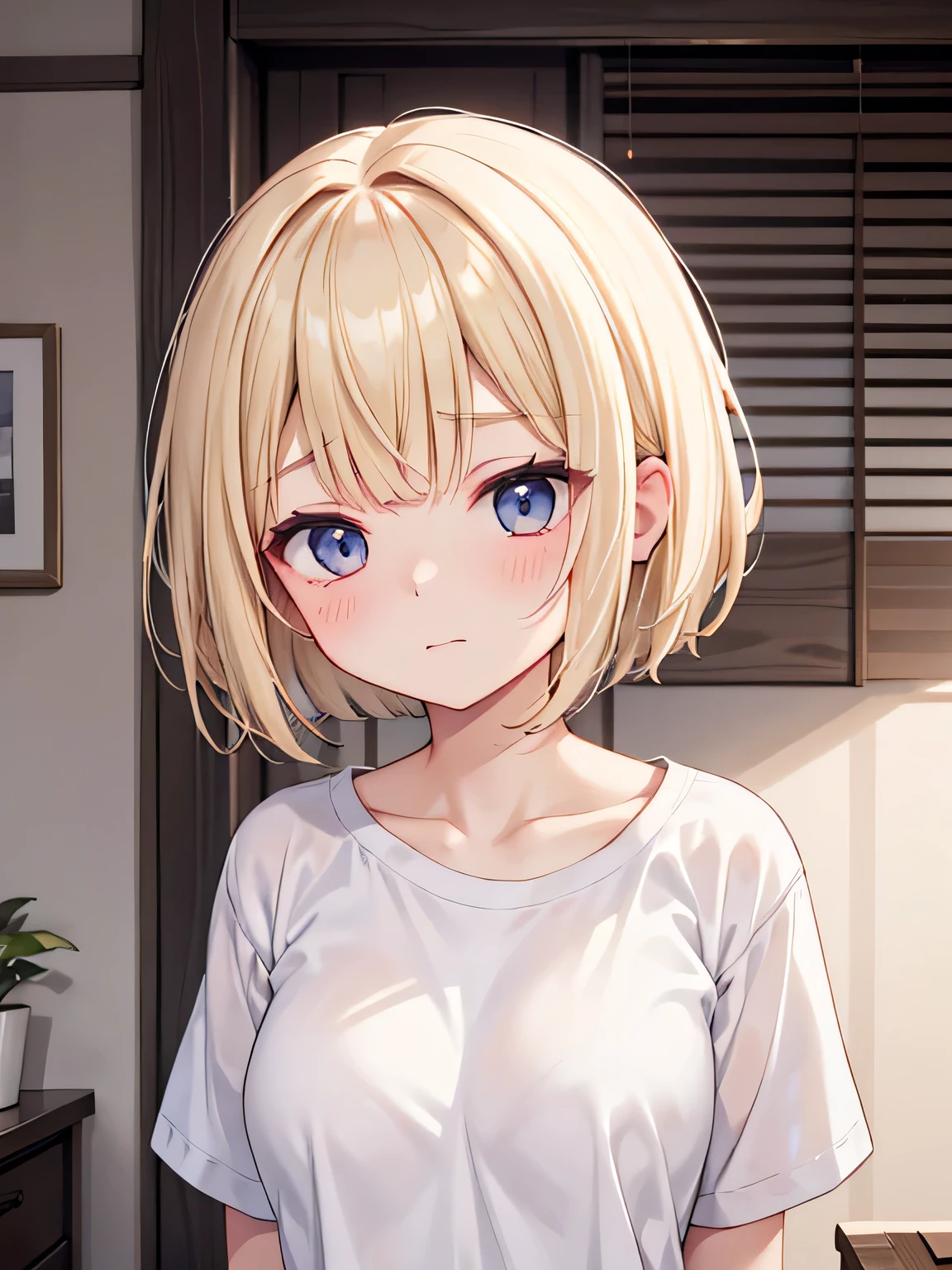 Stinky smell、woman、Unpleasant expression、Blonde、Bobcut、F Cup、White T-shirt
