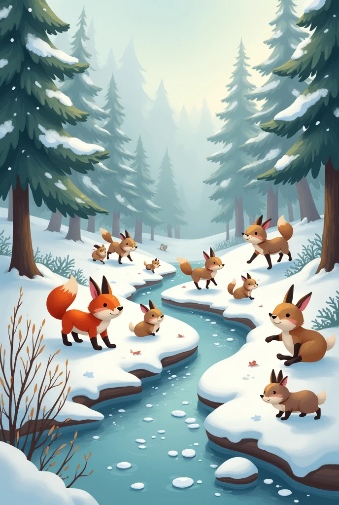 Draw me a winter landscape with cute animals