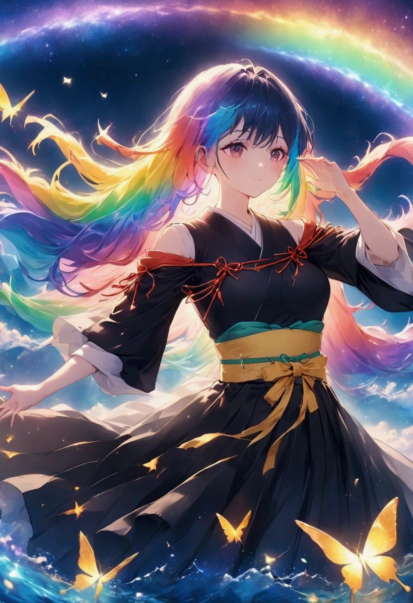 One woman,Rainbow Hair,Long Hair,Black kimono,Shoulder,Yellow belt,samurai Yellow butterfly,night,shoulder,old,garden,water surface dance,Japanese sword,Swing down moon star Draw your sword Slashing Catch the wind autumn