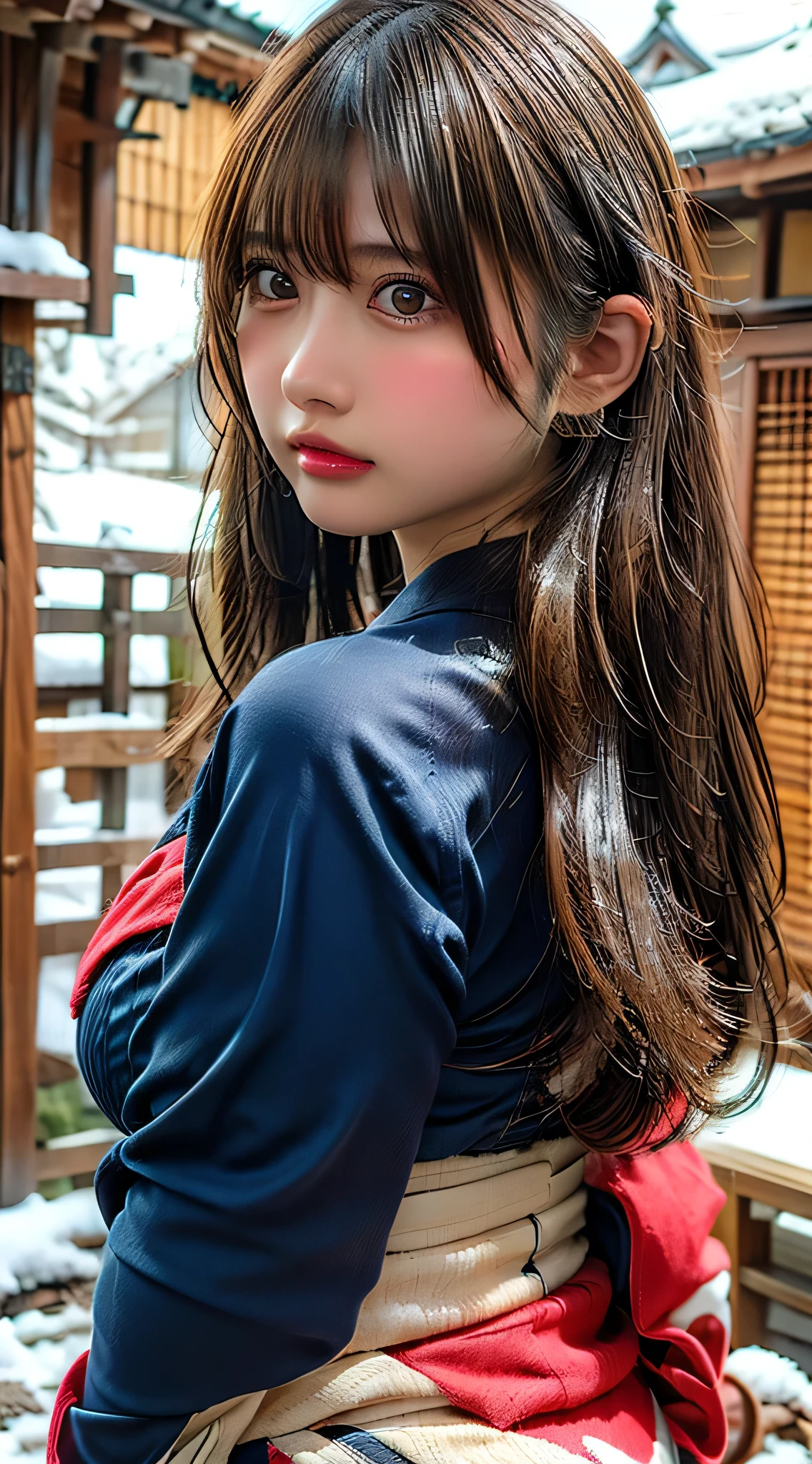 8k, Absurd, 4K, High resolution, ultra detailed, 最high quality, insanely detailed, masterpiece, beautiful, high quality, detailed, hyper detailed, Exquisite, girl, smile, Are standing, View your viewers, (Recall:1.3), Long Hair, Straight hair, Brown Hair, puppet, Droopy eyes, Glowing Skin, detailed skin, detailed face, glamorous, Sensual, Curvy, beautiful ass, beautiful breasts, (Idol, kimono:1.3), Curvy, Japanese Idol, Cute Face, teenager, Japanese, At the hot spring, At dusk, (with snow:1.3), RAW Photos, Realistic, Ultra-realistic photos, Portrait Photography, Cowboy Shot, from the front, Dynamic Angle, sharpen, Golden Hour, Cinema Lighting, Depth of written boundary, look back