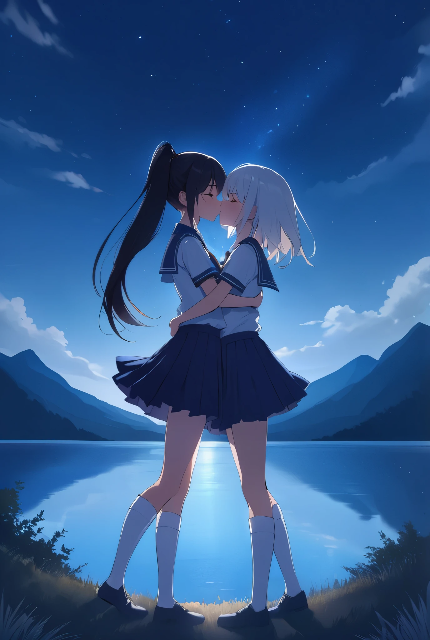 Wear knee-high socks to knee length、Move the person a little closer、Darken overall、high resolution、Improved texture、Emphasizing light and dark、Highest quality、Masterpiece