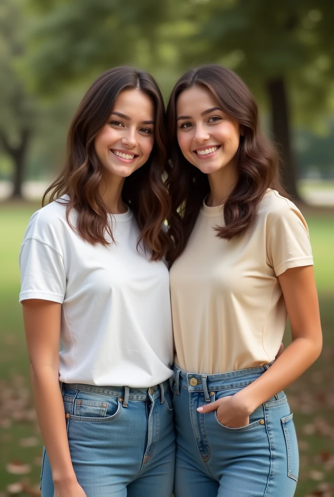 Portrait of a 2 woman with medium-length brown hair, slightly wavy, falling just above the shoulders. She has an average build and is about 1.70 meters tall. She has a soft face with a fair complexion, brown eyes, and a light smile. She is casually dressed in a t-shirt and jeans, posing in a natural environment, like a park with trees in the background