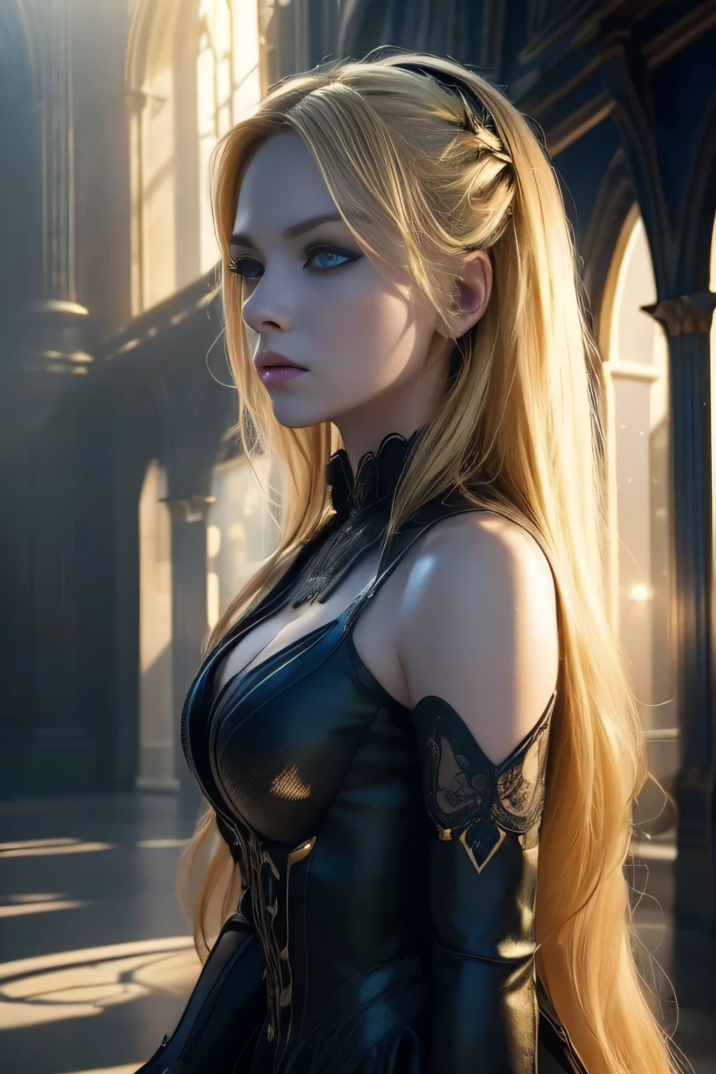 (extremely detailed CG unity 8k wallpaper,masterpiece, best quality, ultra-detailed),(best illumination, best shadow, an extremely delicate and beautiful),floating,high saturation,blonde hair+blue eyes:1.2,gloomy gothic scenery, long hair, gaze into the distance. (A beautiful girl with long blonde hair and blue eyes sparkling gothic lighting)