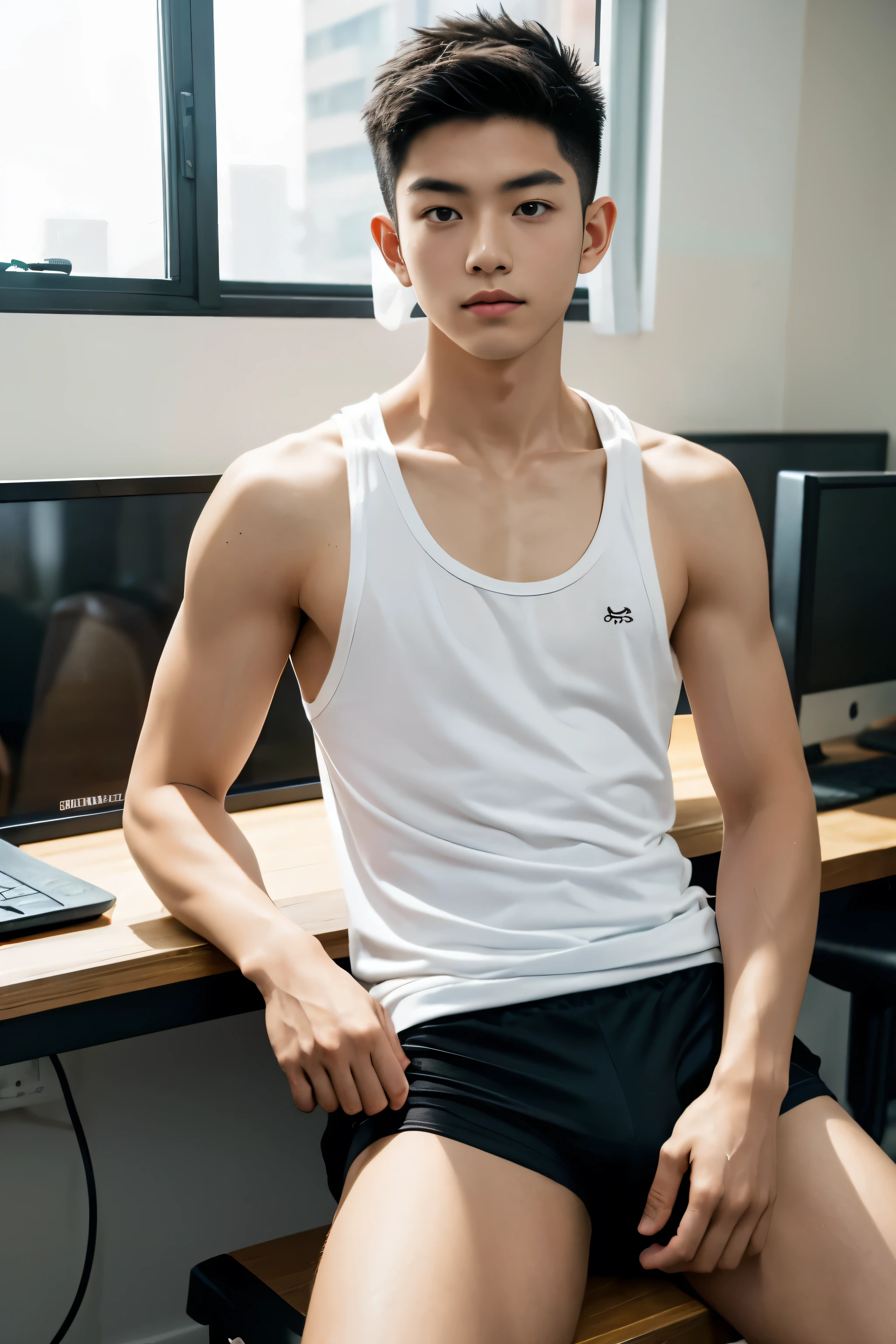 A young Asian boy, handsome, charming, clear, pure, ager, dressed in tank top and boxer , arm have tiger tattoo , aesthetically pleasing gentle, short curly hair with the undercut, on the desk with a computer