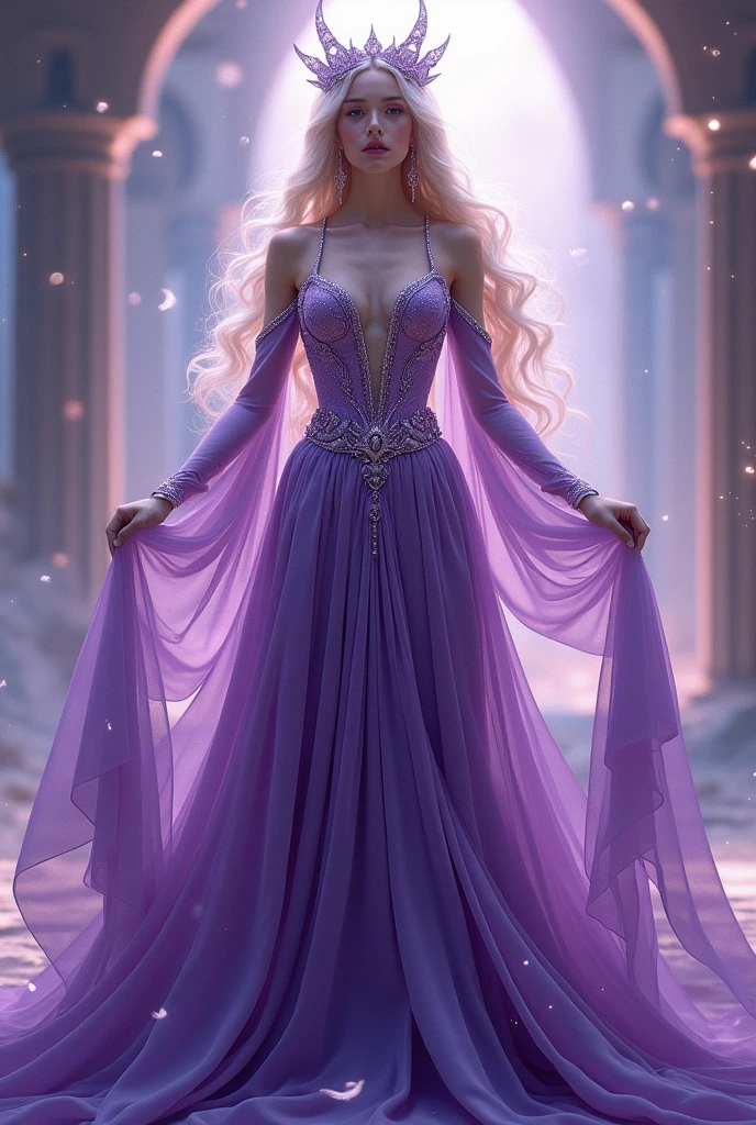 A unique, gorgeous and the most beautiful god just like a queen in a purple dress  for a game character 