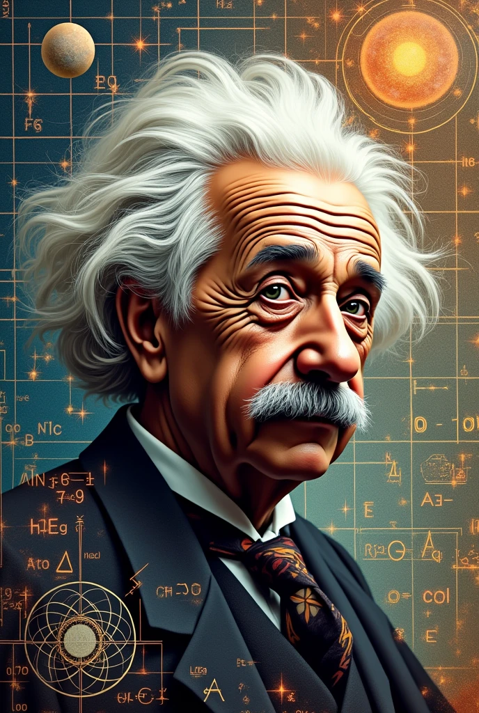 Make an art about science Albert Einstein with science stuffs