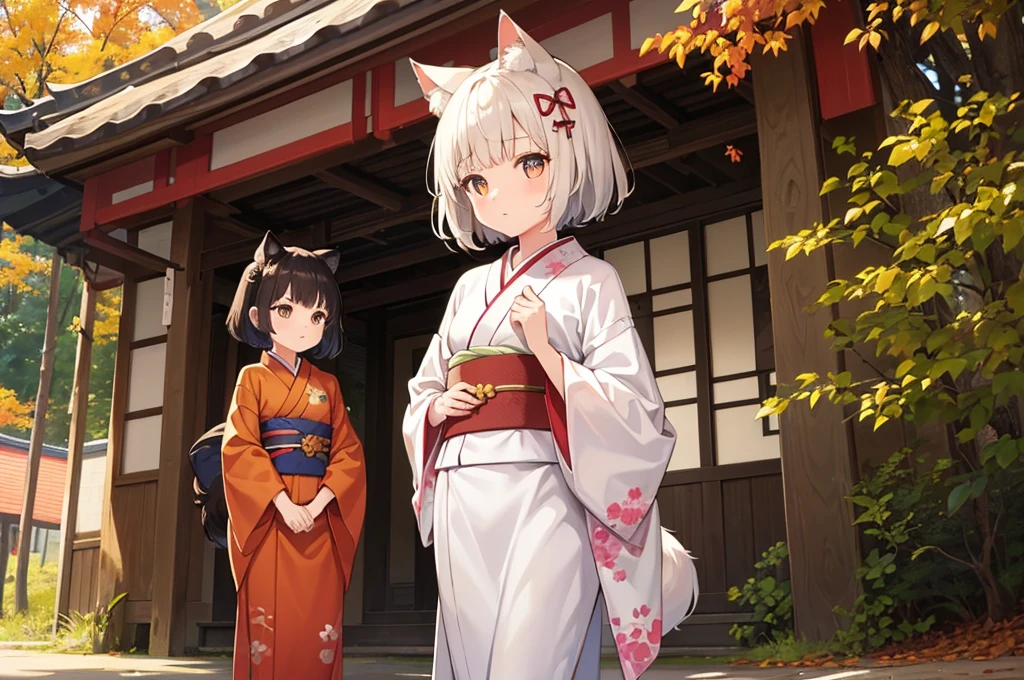 Two very small girls cute Background Inside the Shrine Forest in Autumn (Two Girls Wolf ears Brown short hair kimono Hairpin White shorthair kimono Hairpin) Normal chest Thin thighs first round