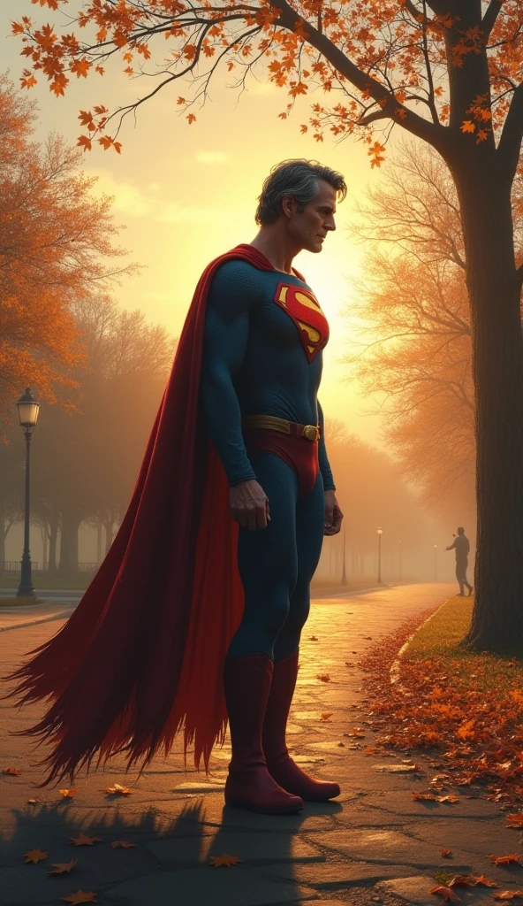 Superman, now with grey hair, posture is slightly hunched, fly slowly through a sky. his cape is tattered. Background: A quiet park with autumn leaves falling, the sun rising in the distance. Narration: "Time waits for no one... not even legends."