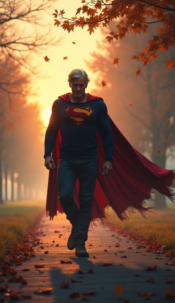 Superman, now with grey hair, posture is slightly hunched, fly slowly through a sky. his cape is tattered. Background: A quiet park with autumn leaves falling, the sun rising in the distance. Narration: "Time waits for no one... not even legends."
