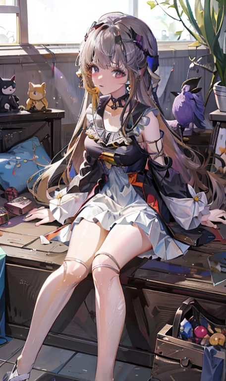 Anime girl sitting on bench，Holding a purple bird in his hand, cute anime waifu in a nice dress, from girls frontline, Anime girl with long hair, Kawasi, Marin Kitagawa fanart, From Arknights, A scene from the《azur lane》videogame, Splash art anime , Fine details. Girl Front, Anime goddess, 8K high quality detailed art 