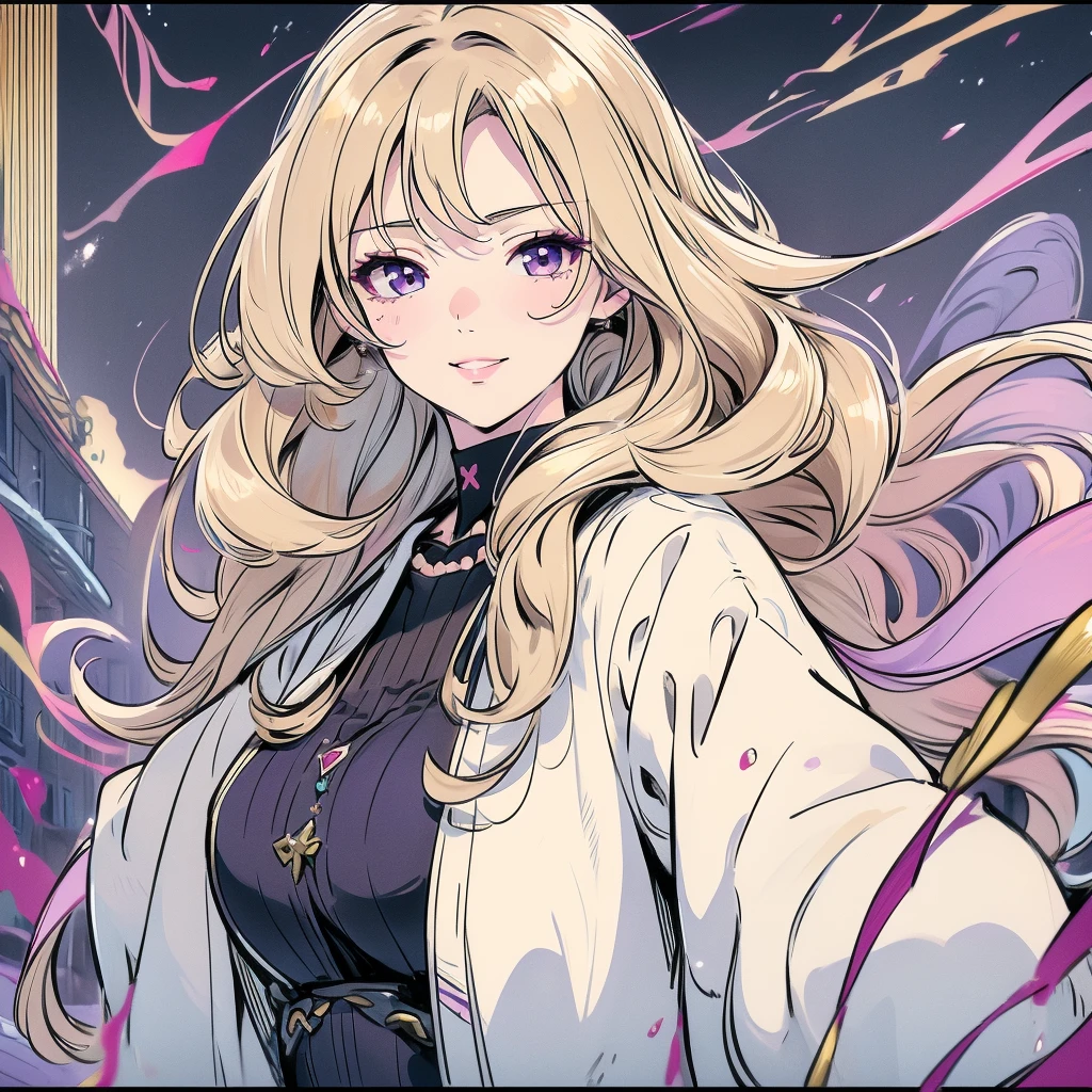 ((masterpiece)), ((最high quality)), (Blonde), (Long Hair), 30 years old, (One girl), ((Very medium chest)), (Beige duffel coat), (From behind),, Black boots, smile, Upper Body, artwork, Kuru, beautiful芸術, Professional Artist, 8k, アートスタイル by shaman240, Highly detailed face, Very fine hair, 1 female, perfectly dKurun body, beautiful顔, Bishamon from Noragami,((Curly Hair)), {{Purple eyes}}, compensate, beautiful, High resolution, masterpiece, 最high quality, Attention to detail, Attention to detailed eyes, Grain Filter, Detailed lips, High resolution, Ultra-detailed, Portraiture, White women, Realistic proportions, Anatomically correct, Rosy Cheeks; Dim lighting, high quality, Awards, High resolution, 8k,, summer, Despicable, Film Grain, Ilford HP5, 80mm, Strong Woman, have confidence, Black clothes, (artwork:1.2), Better Quality, Pixiv, Cool girl, wonderful, Blonde, , Choker Necklace, Revenue Lind, fun, sexy, ((Purple eyes)), Perfect Eyes,  intricate details of the eyes, Playful smile, Look directly at the viewer , Fall in love with the audience&#39;Representation of, Black shock, lipstick, Wearing cute autumn clothes, Jacket, sweater, Short pencil skirt, {Thigh Boots}, ((Full body image)), Are standing, Put one foot on a park bench, Autumn landscape on a sunny day, Focus on the feet