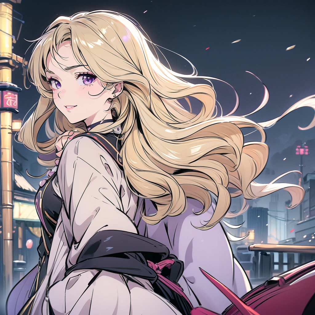 ((masterpiece)), ((最high quality)), (Blonde), (Long Hair), 30 years old, (One girl), ((Very medium chest)), (Beige duffel coat), (From behind),, Black boots, smile, Upper Body, artwork, Kuru, beautiful芸術, Professional Artist, 8k, アートスタイル by shaman240, Highly detailed face, Very fine hair, 1 female, perfectly dKurun body, beautiful顔, Bishamon from Noragami,((Curly Hair)), {{Purple eyes}}, compensate, beautiful, High resolution, masterpiece, 最high quality, Attention to detail, Attention to detailed eyes, Grain Filter, Detailed lips, High resolution, Ultra-detailed, Portraiture, White women, Realistic proportions, Anatomically correct, Rosy Cheeks; Dim lighting, high quality, Awards, High resolution, 8k,, summer, Despicable, Film Grain, Ilford HP5, 80mm, Strong Woman, have confidence, Black clothes, (artwork:1.2), Better Quality, Pixiv, Cool girl, wonderful, Blonde, , Choker Necklace, Revenue Lind, fun, sexy, ((Purple eyes)), Perfect Eyes,  intricate details of the eyes, Playful smile, Look directly at the viewer , Fall in love with the audience&#39;Representation of, Black shock, lipstick, Wearing cute autumn clothes, Jacket, sweater, Short pencil skirt, {Thigh Boots}, ((Full body image)), Are standing, Put one foot on a park bench, Autumn landscape on a sunny day, Focus on the feet