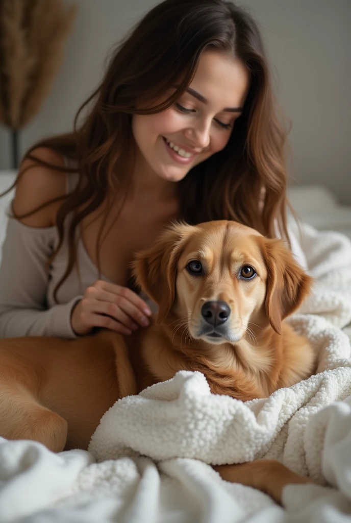 
 beautiful girl and dog with sex  in bed
