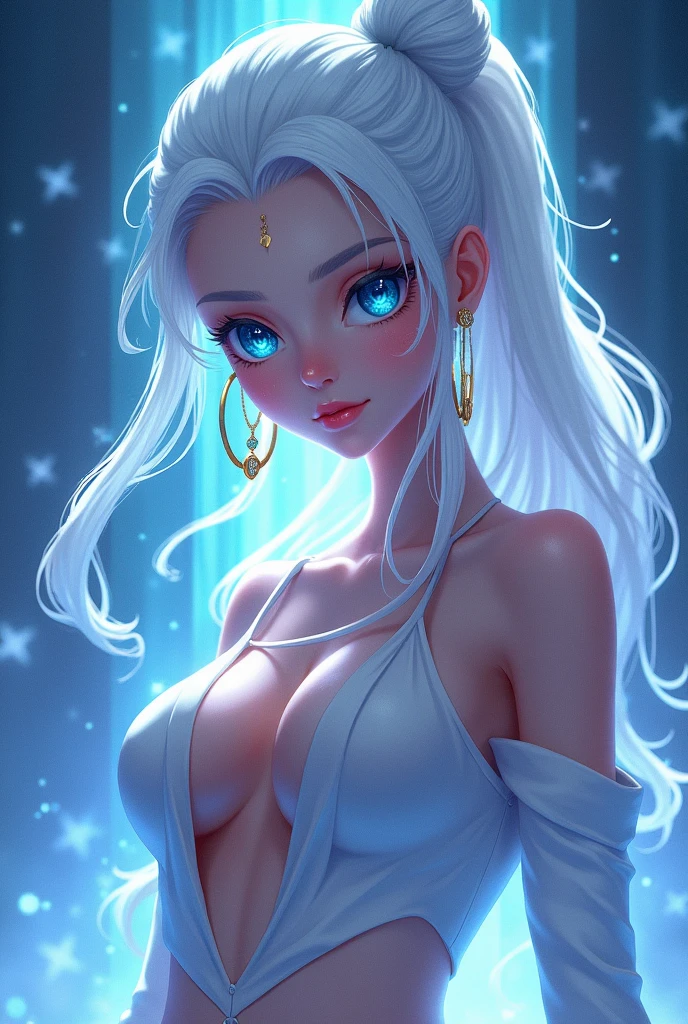 1 girl, blue eyes, jewelry, long hair, Very Long Hair, Side Bun, big breasts, Earrings, Pupils Symbol, animated, Style animated, Spark, Bright light, white hair color