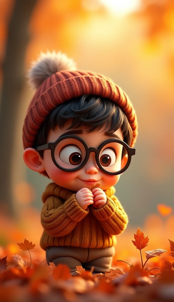 Curious  with Glasses”: A young boy with oversized glasses, a round face, and big, expressive eyes, holding a magnifying glass as he examines a tiny leaf. He’s wearing a cozy sweater and a beanie. [Pixar-inspired, warm and playful, autumn setting].