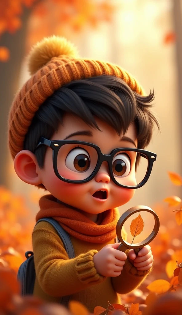 Curious  with Glasses”: A young boy with oversized glasses, a round face, and big, expressive eyes, holding a magnifying glass as he examines a tiny leaf. He’s wearing a cozy sweater and a beanie. [Pixar-inspired, warm and playful, autumn setting].