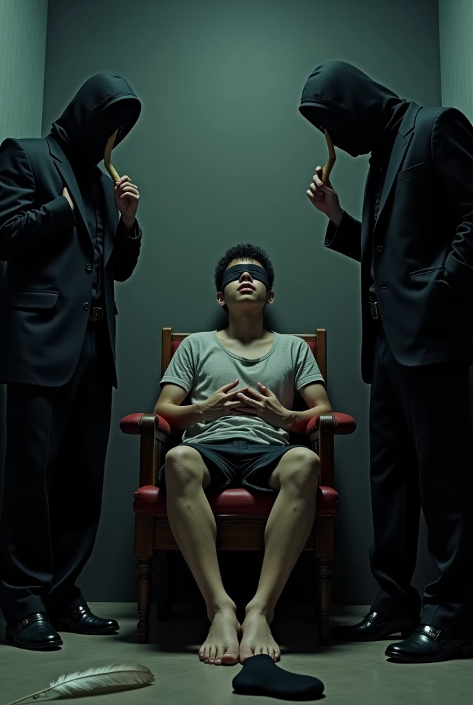 Handsome malay Zarul 20years flight attendent
1 man Rub his feet
He laugh
Focus 5toefeet
Shoeless
Hand Handcuff wooden chair
blindfolded
feather on floor
Pair of Blacksock shoes on floor
2 mafia pinch their nose
Smelly feet
