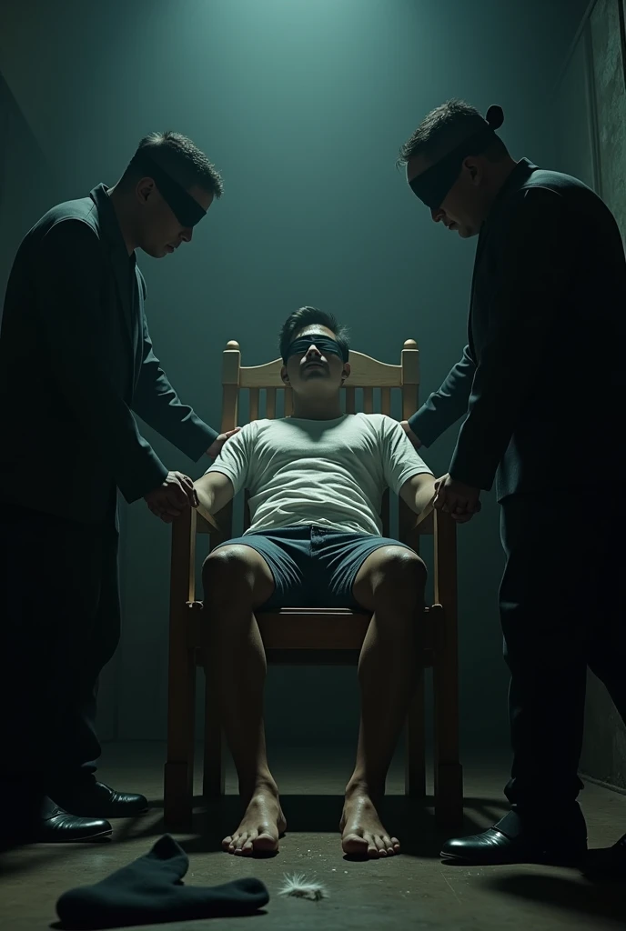 Handsome malay Zarul 20years flight attendent
1 man Rub his feet
He laugh
Focus 5toefeet
Shoeless
Hand Handcuff wooden chair
blindfolded
feather on floor
Pair of Blacksock shoes on floor
2 mafia pinch their nose
Smelly feet