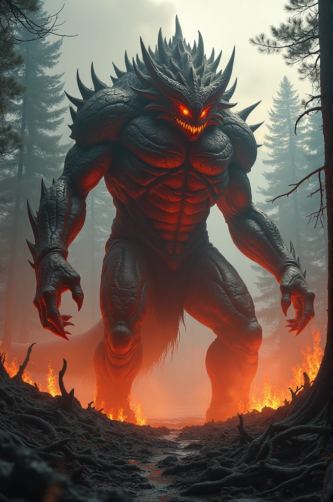 detailed portrait of a powerful creature, destructive fire power, volcanic aura, devastated forest landscape, apocalyptic atmosphere, epic cinematic lighting, dark moody color palette, dramatic composition, digital art, highly detailed, 8K, photorealistic, sharp focus, intricate details, dramatic lighting, cinematic camera angle from mlbb